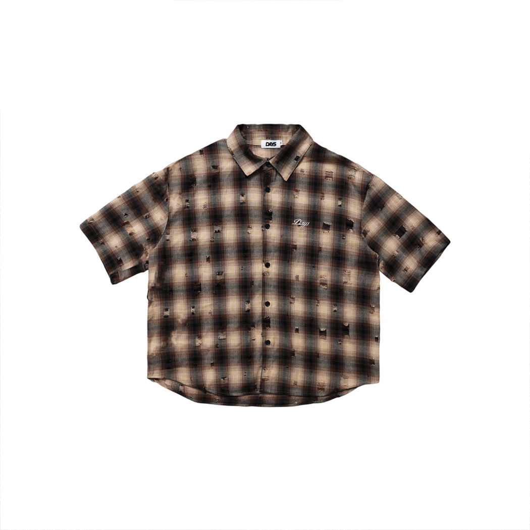 TARTAN DISTRESSED OVERSIZED BOXY FIT BUTTON-DOWN SHIRT