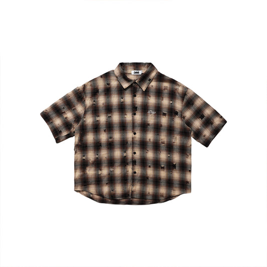 TARTAN DISTRESSED OVERSIZED BOXY FIT BUTTON-DOWN SHIRT
