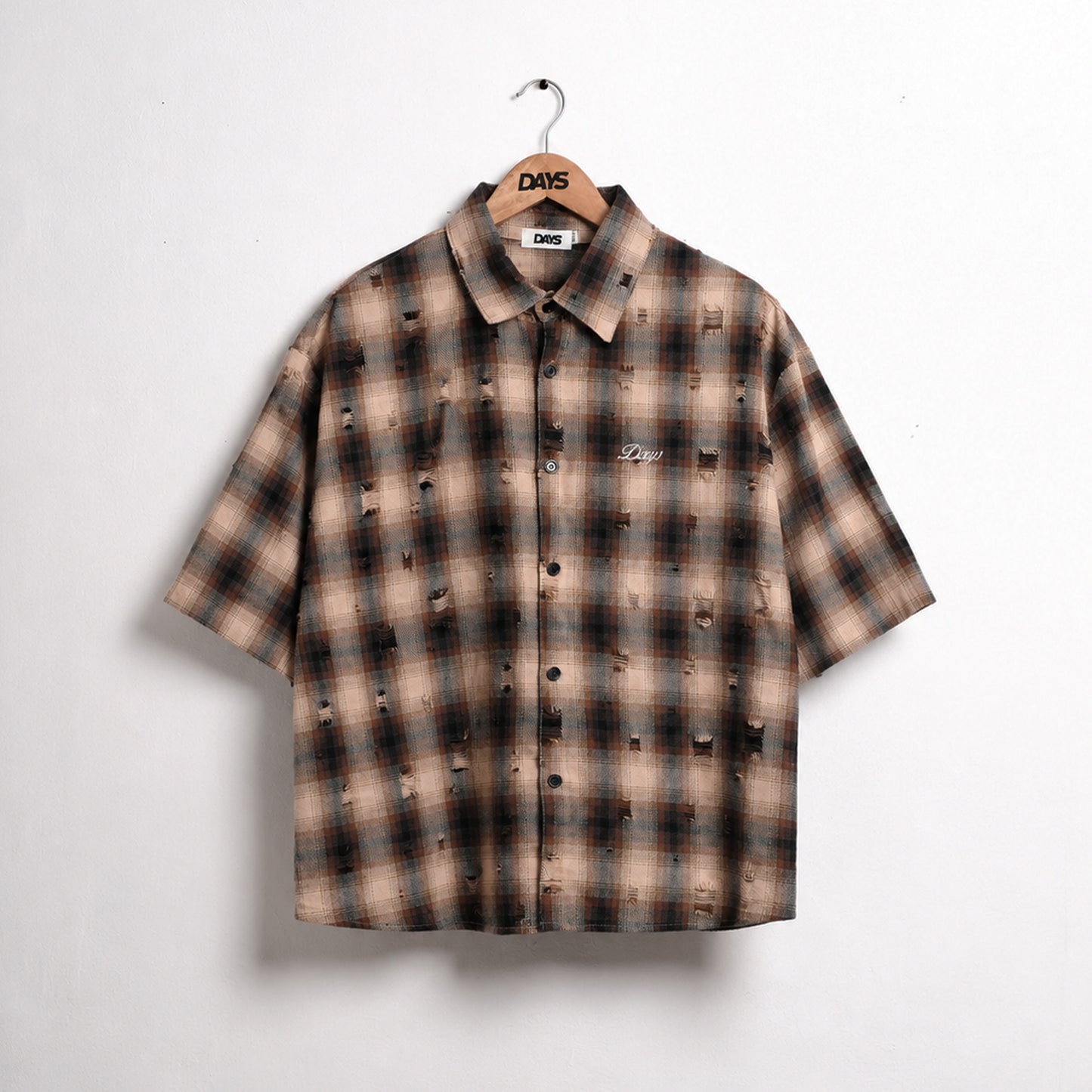TARTAN DISTRESSED OVERSIZED BOXY FIT BUTTON-DOWN SHIRT