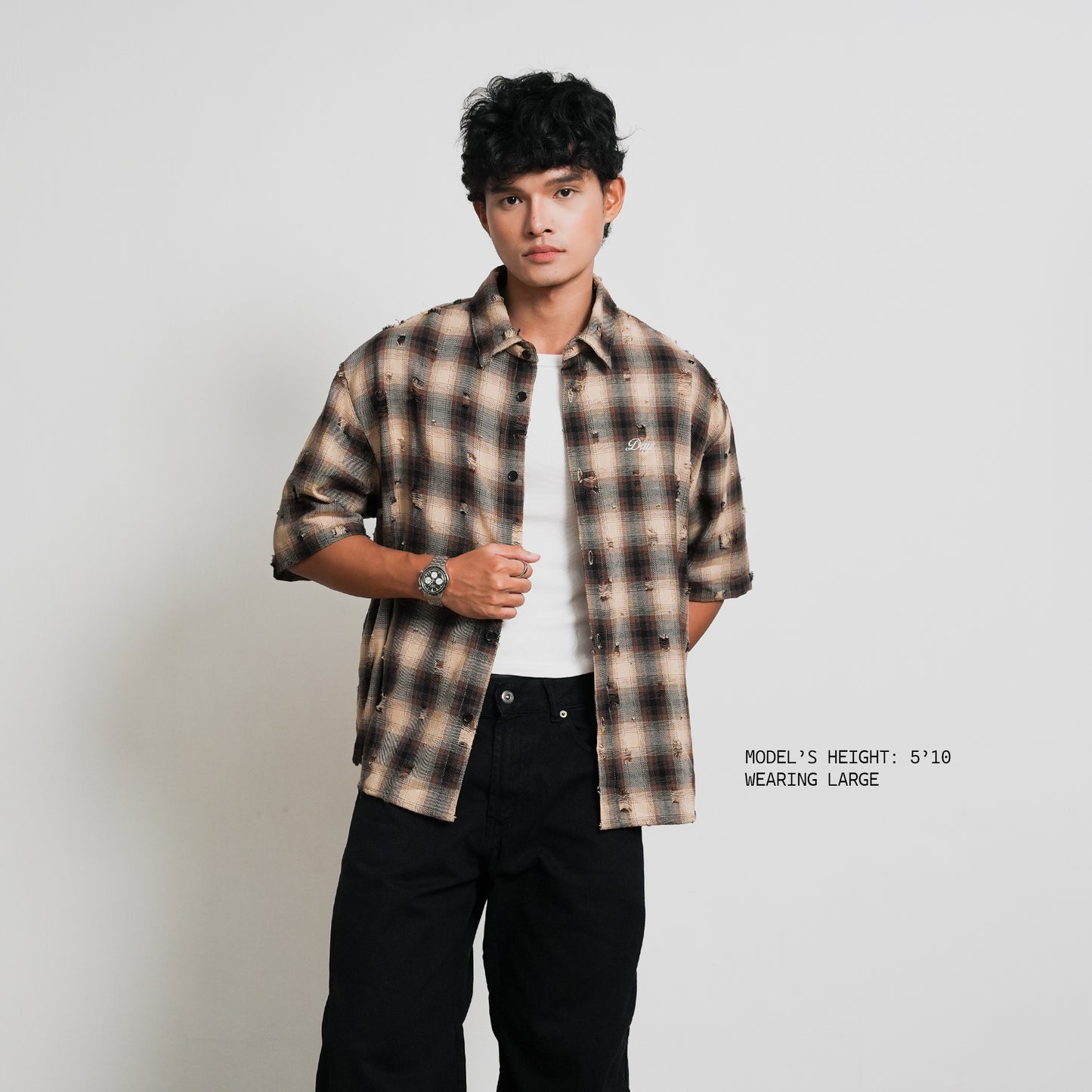 TARTAN DISTRESSED OVERSIZED BOXY FIT BUTTON-DOWN SHIRT
