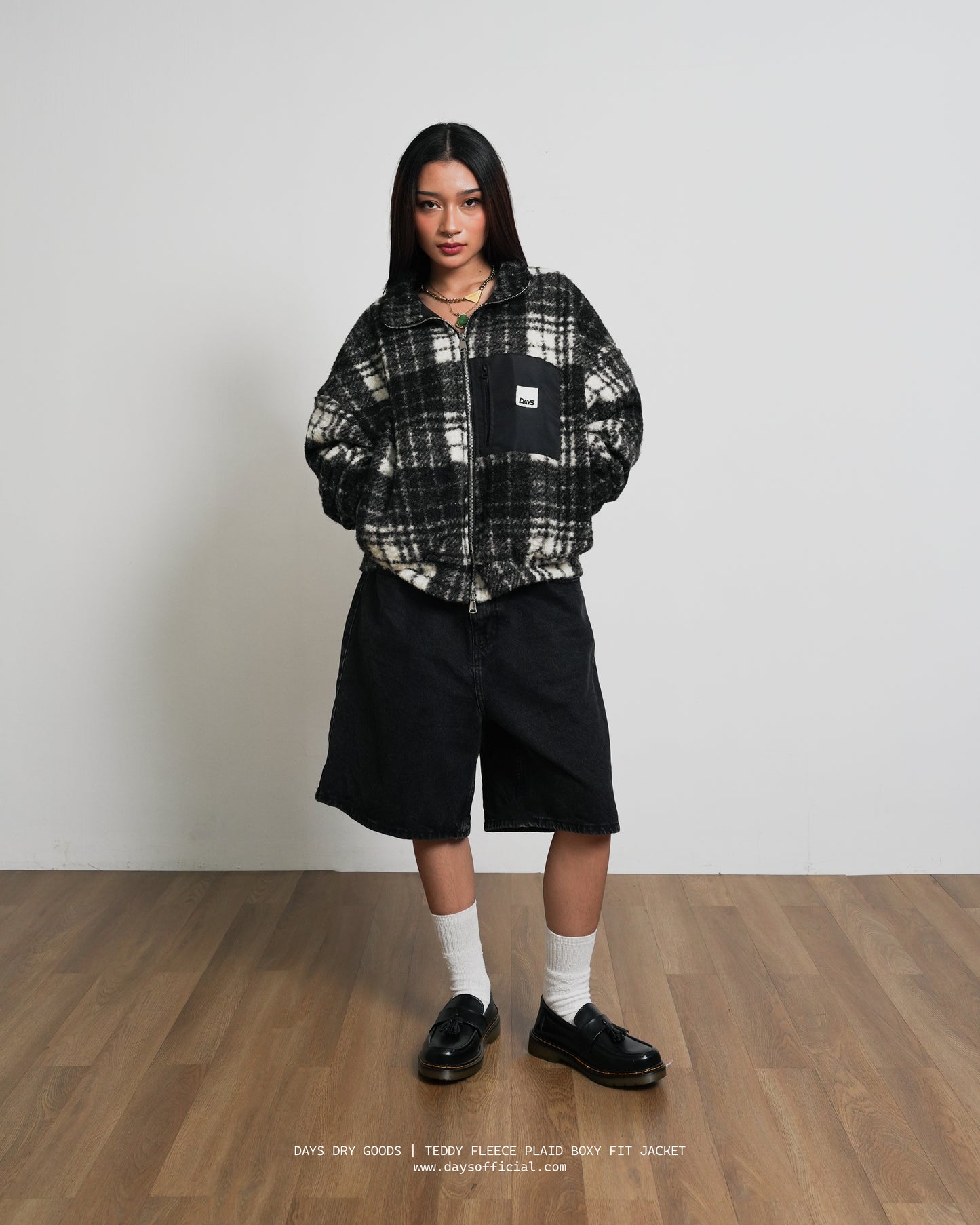TEDDY FLEECE PLAID BOXY LOOSE FIT JACKET